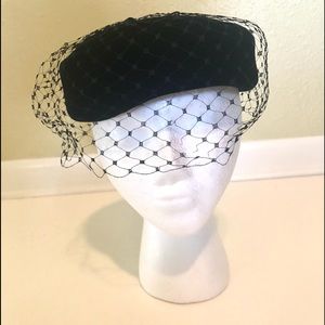 Vintage 1940s Velvet Black Hat - Ribbons/Mesh Trim
